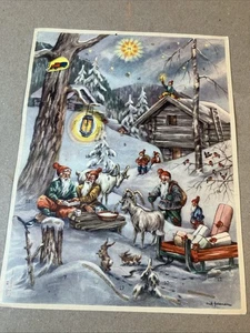 Vintage 1950s? Swedish Advent Calendar Paper Elves Red Hats Snow Erik forsman - Picture 1 of 9
