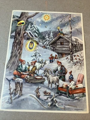 Vintage 1950s? Swedish Advent Calendar Paper Elves Red Hats Snow Erik forsman - Image 1 of 4