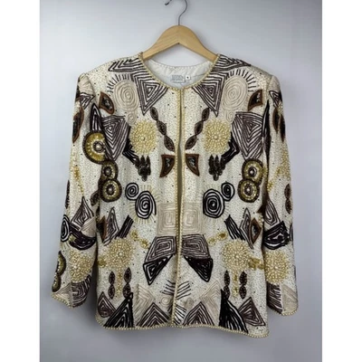 Chaqueta de seda vintage con cuentas a mano adornada con perlas y lentejuelas Art Deco Boho talla 16 Foto 1 de 4