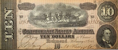 1864 $10 Confederate States Of America Currency AU+ P182 - Image 1 of 2