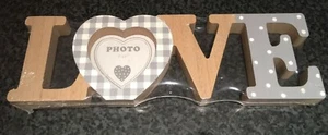 Love Photo Frame Freestanding Cut Out Block Picture Frame Grey & White Wood 3x3" - Picture 1 of 3