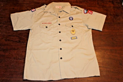 美国童子军 BSA 青年衬衫棕褐色 2X 大号缝制补丁短袖 — 第 1/4 张图片