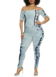 Plus Size Tie Dyed Denim Off Shoulder Jumpsuit w/Buttons & Zips Plus Size 3XL. - Picture 1 of 3