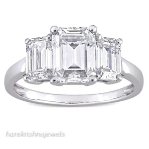 3.24CT Emerald Cut Lab Created Diamond 3 Stone Engagement Ring 14K White Gold FN - Picture 1 of 6