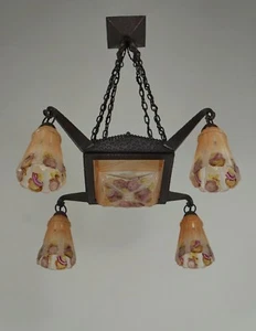 VASSEUR & EJG : FRENCH ART DECO CHANDELIER 1930 ..... wrought iron lamp j.robert - Picture 1 of 10