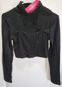 JUNIOREN MEDIUM NEU NEU MIT ETIKETT SCHWARZES TOP SHIRT Crop-Stil offen unter dem Ausschnitt LANGÄRMEL - Bild 1 von 1