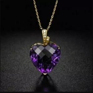 2Ct Heart Cut Amethyst Lab Created Diamond Solitaire Pendant 14K Yellow Gold - Picture 1 of 2