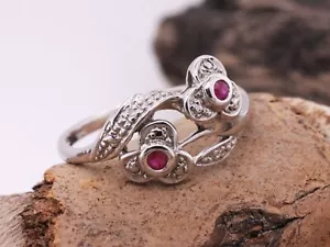 Sterling Silver 925 Natural Ruby & Diamond Flower Petal Twist Ring Size M - Picture 1 of 9