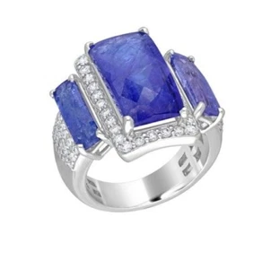 Fabulous Three Stone Tanzanite & Simulated Sapphire Luxury Party Wear Women Ring - Picture 1 of 6