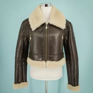 Michael Kors Gr. XS Braun Crackled Lammfell Leder Shearling Moto Jacke Mantel - Bild 1 von 9
