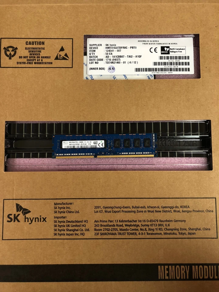 HMT41GU7DFR8C-PB 8GB 2Rx8 PC3-12800E DDR3-1600 ECC 1.5v UnBuffer Brand New Qty - Image 1 of 2