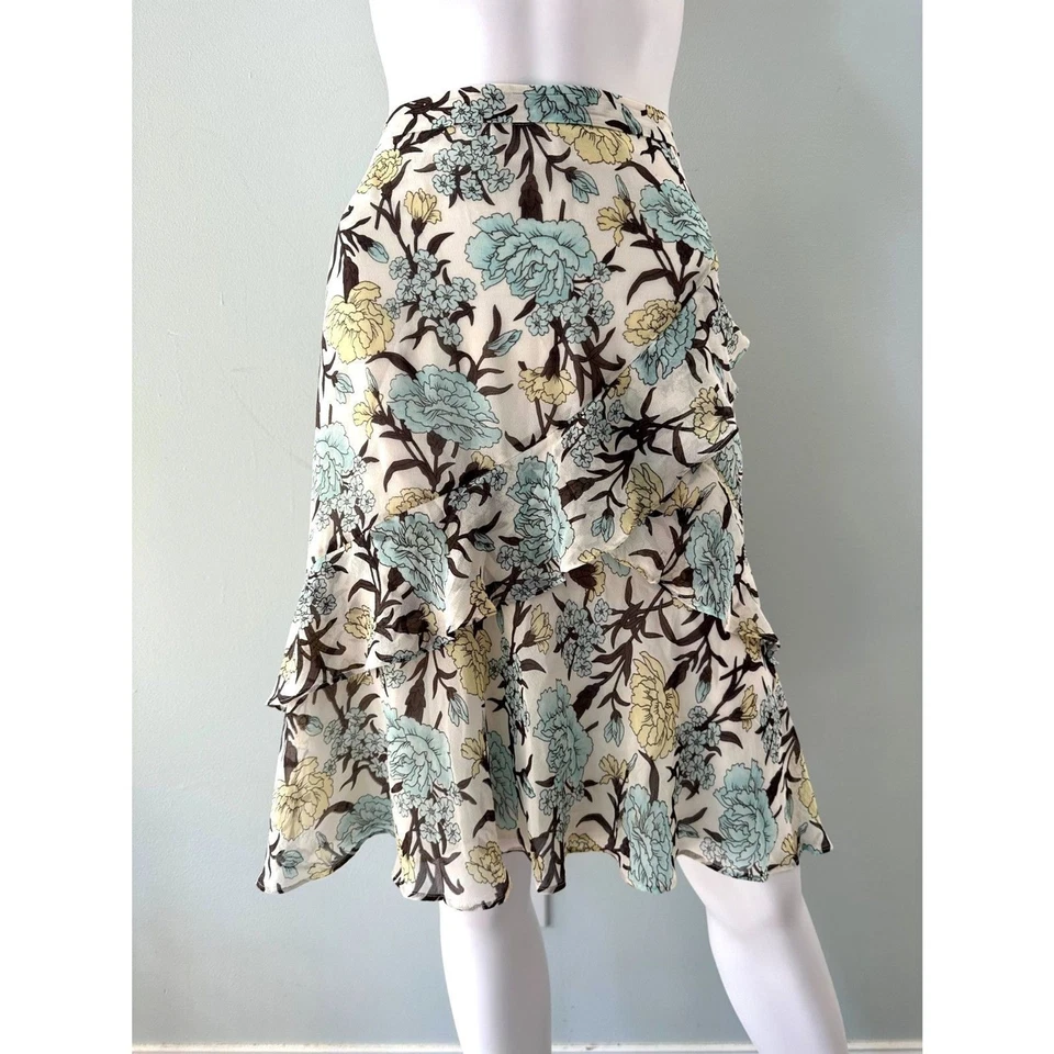 Y2K Floral Ruffle Midi Skirt Cream Blue Yellow Brown Vintage Garden Party Skirt - Image 1 of 4