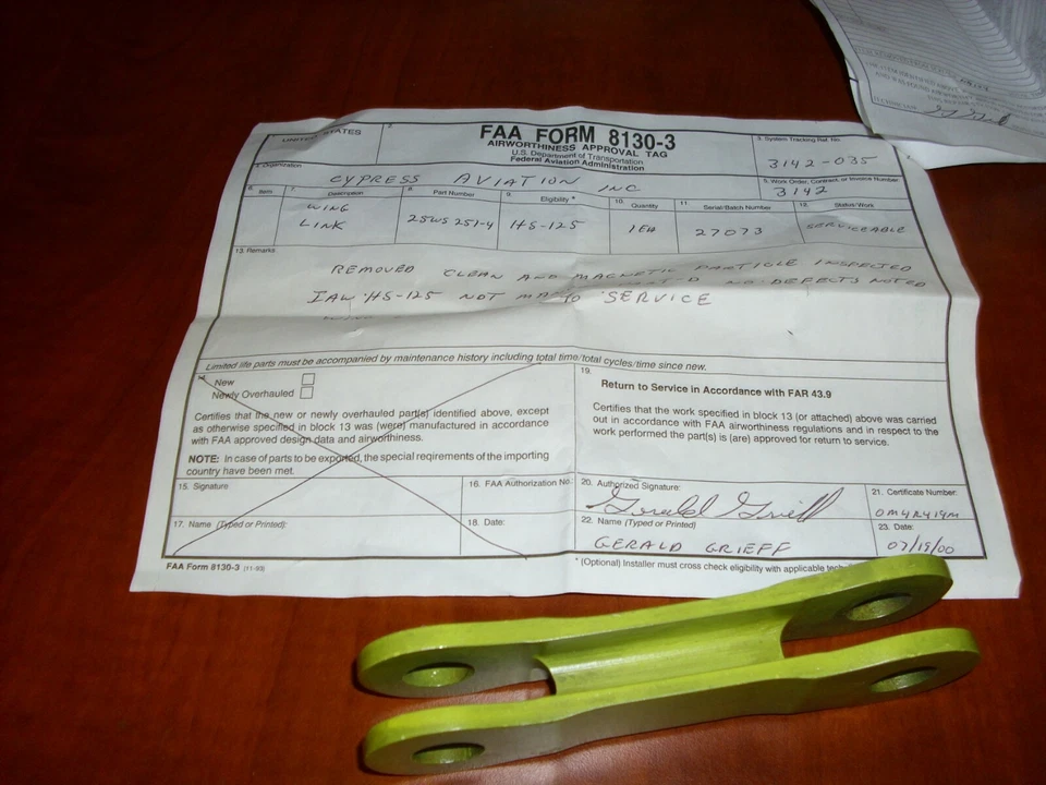 Hawker 987 Wing Link British Aerospace HS-125 Aircraft 25WS251-4 with FAA 8130 - Image 1 of 4