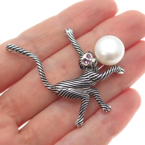 925 Sterling Silver Real Pearl & Ruby Monkey Oxidized Slide Pendant - Picture 1 of 9