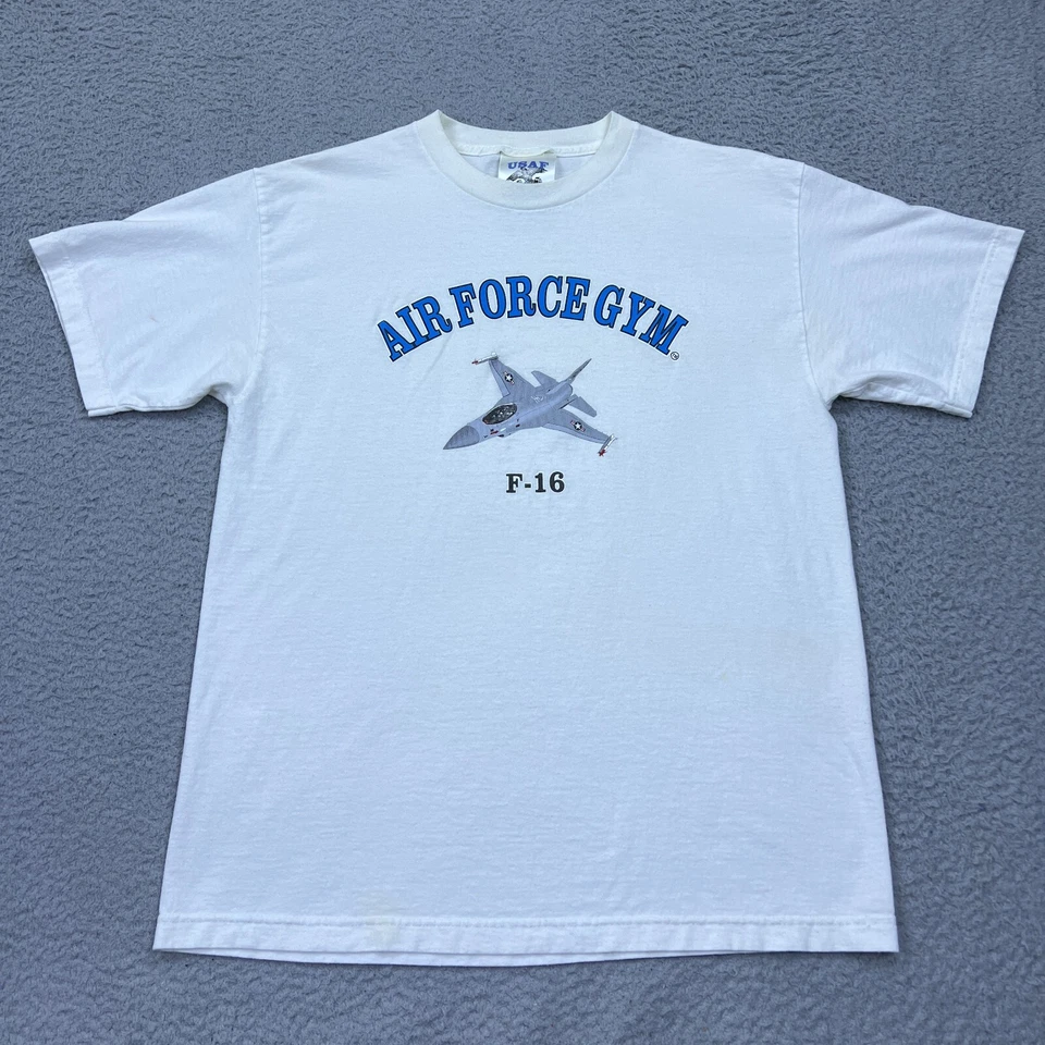Camiseta De Colección USAF Gimnasio Fuerza Aérea F-16 Blanca Grande Cuello Redondo Hecha en EE. UU. LEER Foto 1 de 4