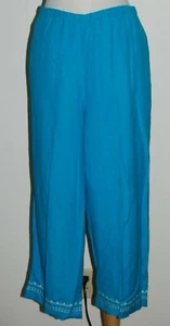Lemon Grass Cotton Linen Blue Embellished Hem Pockets Cropped Capri Pants Large - Picture 1 of 4