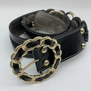 Vintage KATHY VAN ZEELAND Large Black Belt Gold & Silver Metal Details B01905 - Picture 1 of 9
