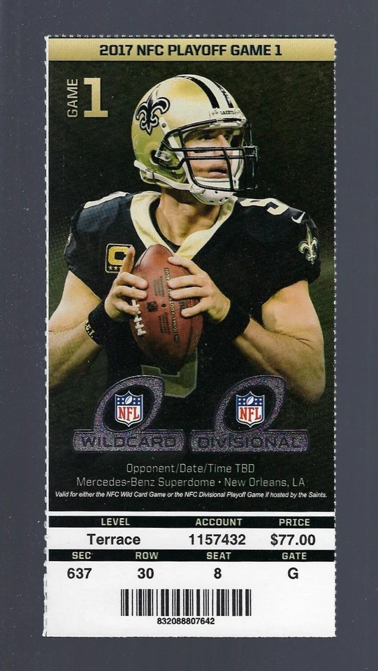 Boleto completo de los playoffs de la NFL Drew Brees 376 yardas - Panthers @ Saints 2017-2018 Foto 1 de 1