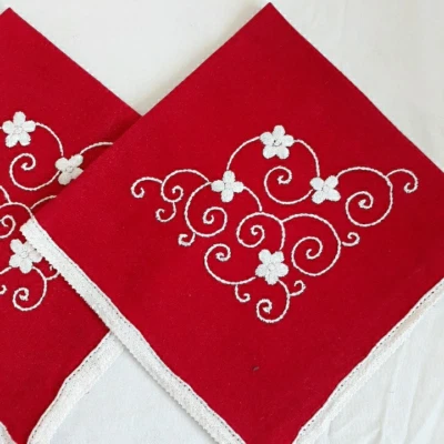 Vintage Set 4 Handmade Napkins Embroidered Floral Red Cotton 17" Square Xmas - Image 1 of 4