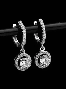 2.0CT Round Cut Moissanite Diamond Dangle Drop Earrings 14K White Gold Plated - Picture 1 of 9