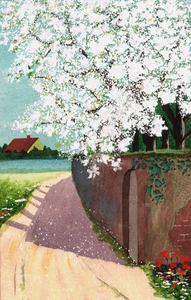Casa pintada a mano en el fondo árbol flores blancas postal vintage B260 - Imagen 1 de 2