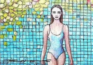 ORIGINAL Hand Painted Pen and Watercolor (ACEO) The Swimmer - Picture 1 of 1