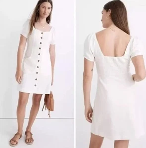 Madewell Linen-Cotton Puff-Sleeve Mini Dress Cream White Sz 12 Pockets, Smocked - Picture 1 of 12
