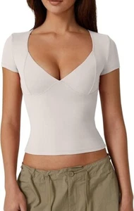 Qinsen Women's V Neck Short Sleeve T Shirts Double Lined Tee Seamed Cup Tank - Picture 1 of 2