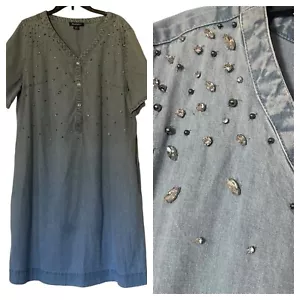 Romans Woman’s 20W Denim Rhinestone Midi Dress Short Sleeve 3/4 Buttons Front - Picture 1 of 11