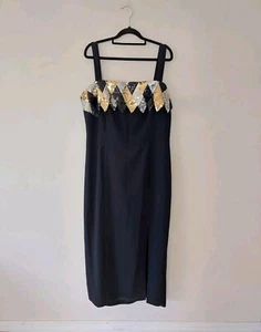 Marti Vintage Black Coctail Straight Dress Size 16 Sequin Gold Silver 80's 90's - Picture 1 of 11