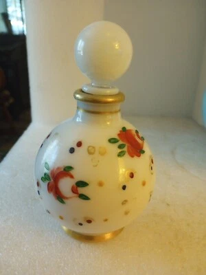 Antique 19th c. French Hand Painted Opaline Glass Perfume Bottle Flowers Gilt - Image 1 of 4
