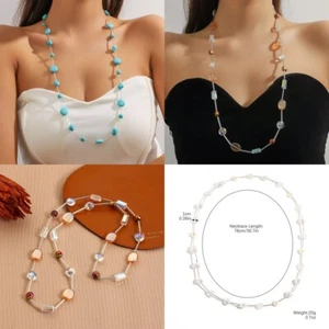 boho long gems glass beaded turquoise western style daisy necklace - Picture 1 of 19