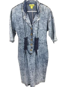 Vintage 80s Hold On Denim Dress Acid Wash Juniors Size 7/8 Navy Lace Up Sheath - Picture 1 of 10