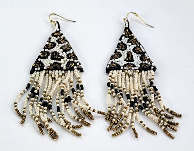 White And Gold Seed Bead Leopard Tassel Earrings 4 In Hook Clasp Pierced - Image 1 of 4