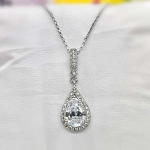 Tear Drop 3 Carat Moissanite Pendant Necklace 925 Sterling Silver - Picture 1 of 5