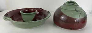 2 Kent Follette Studio Art Pottery Chip Dip Plate & Bird House Burgundy & Green - Picture 1 of 14