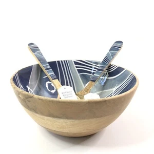 Wood Enamel Salad Bowl and Servers Wind and Waves Thirstystone Blue White Swirl