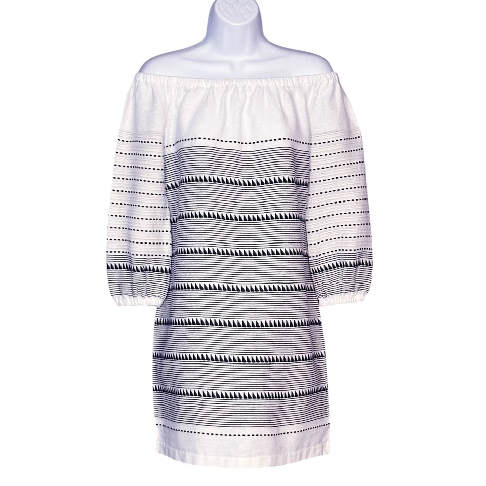 Vestido recto EE Etcetera talla 4 algodón azul marino a rayas cuello elástico fuera del hombro Foto 1 de 4