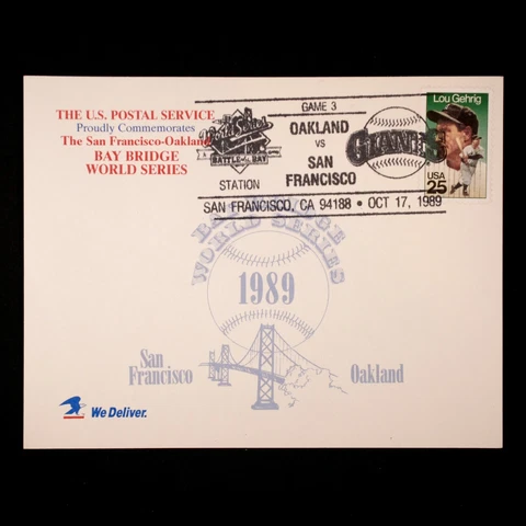1989 World Series USPS Commemorative Lou Gehrig Stamp Earthquake Game 3 Postcard Cover