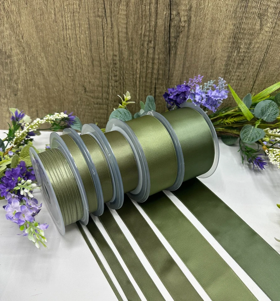 Olive green satin ribbon double faced wedding gift bow card floral bouquet hair - Image 1 of 1