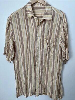 Bugatchi Uomo Striped Short Sleeve Sport Shirt L Tonal Yellow Linen Button Up - Image 1 of 4