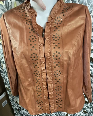 Peter Nygard 1X Chaqueta de Cuero Tachonado con Mangas Tejidas - Naranja Óxido con Bronce Foto 1 de 4