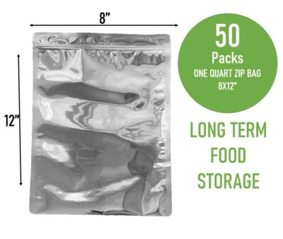 CMW PACKS (50) 1 Quart Mylar Bags Zip Seal Long Term Food Storage Reusable