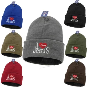 I Love Jesus Winter Hat Faux Fur Skull Lined Beanie Cap - Warm, Multi Colors - Picture 1 of 10