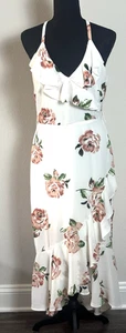 Damen (M) weiß elfenbein Blumen hoch niedrig Midi Rüschen V-Ausschnitt Disney Prinzessin Kleid - Bild 1 von 24