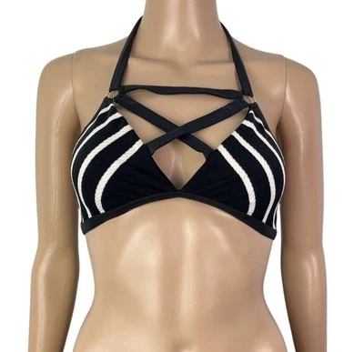 Top de bikini acolchado a rayas triángulo arnés blanco y negro Robin Piccone talla XS Foto 1 de 4