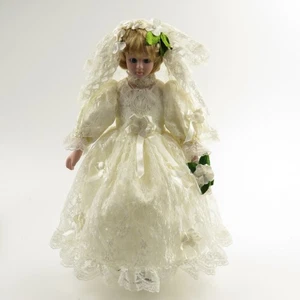 Vintage Bride Doll Blond Hair Blue Eyes White Lace Dress Ribbons Faux Pearls - Picture 1 of 12