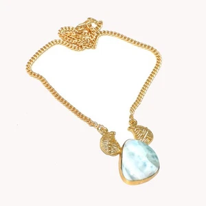 Caribbean Larimar Gemstone Gold Plated Pendant Chain Necklace 18'' to 20'' n692 - Picture 1 of 4
