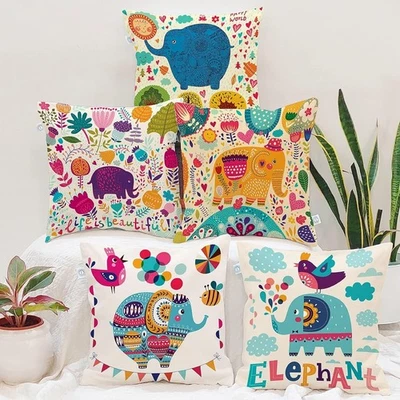 Juego de 5 fundas de cojín de polialgodón 16x16 pulgadas estampado de elefante y selva multicolor Foto 1 de 4