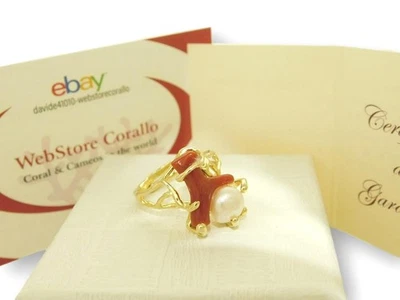 Anello corallo e perla con PLAC oro 18 kt da donna di Argento in 925 regolabile - Immagine 1 di 3